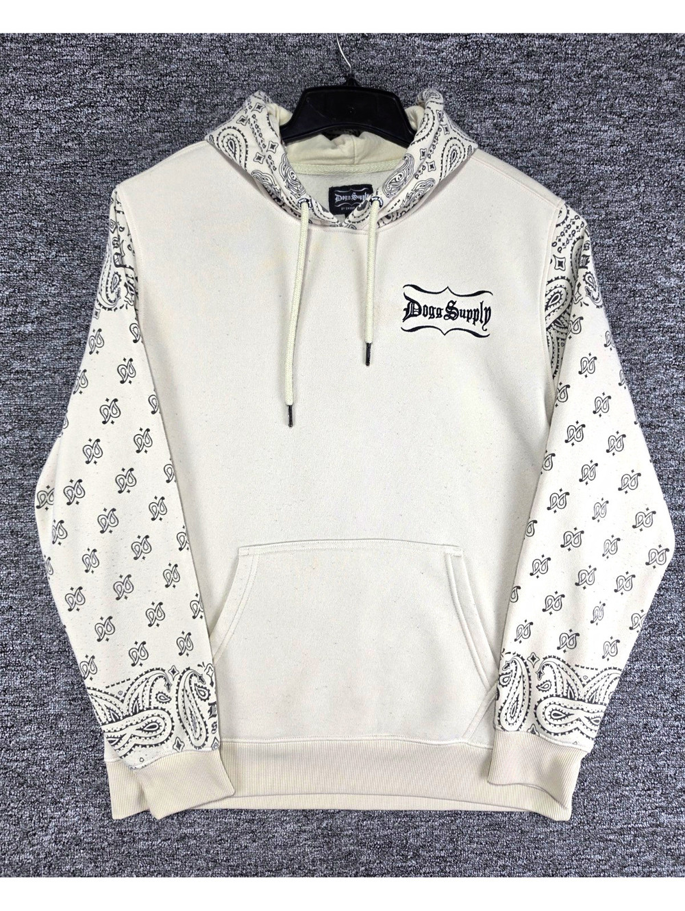 Dogg Supply Beige Paisley Graphic Logo Fleece Pullover Hoodie w/ Pockets Men's M